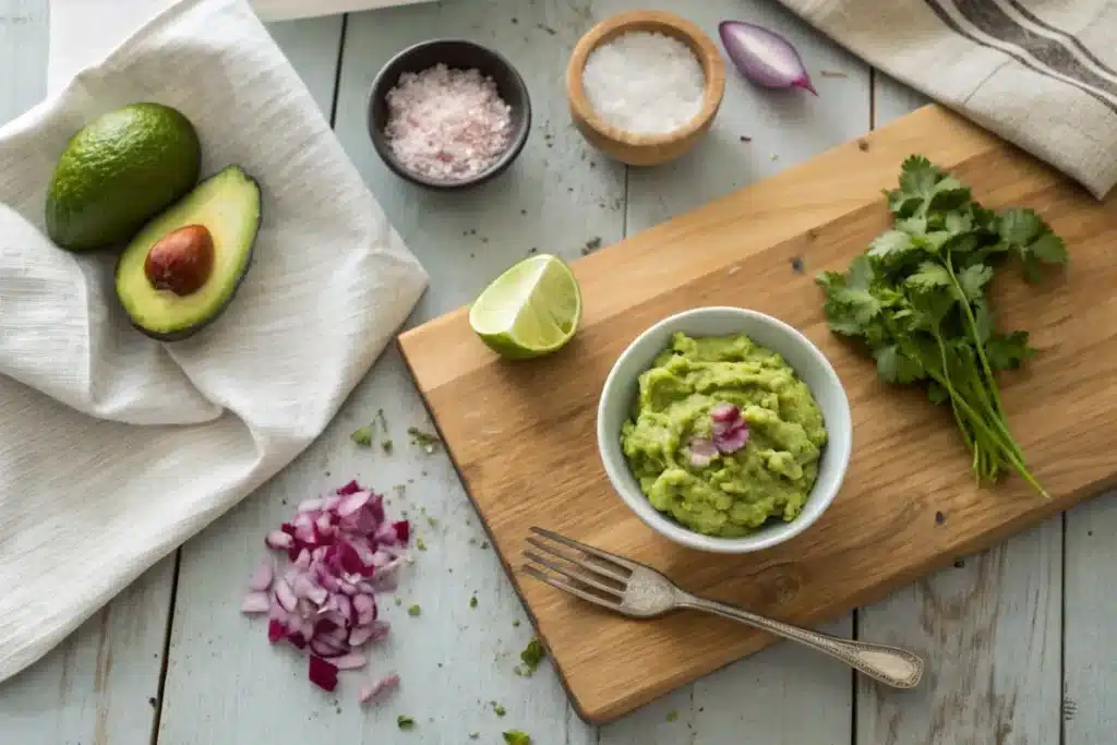 Four ingredients for guacamole, including ripe avocados, fresh lime, diced onion, and salt, displayed on a wooden counter with a small mixing bowl.