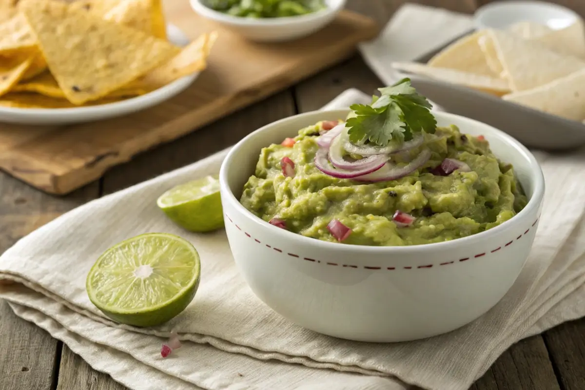 A bowl of creamy guacamole made with just four ingredients, garnished with fresh cilantro and lime wedges, served with tortilla chips.