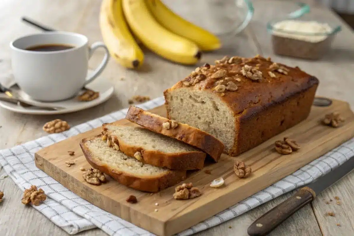 A loaf of moist banana bread sliced on a wooden board, showcasing its soft texture, surrounded by fresh bananas and cinnamon sticks.