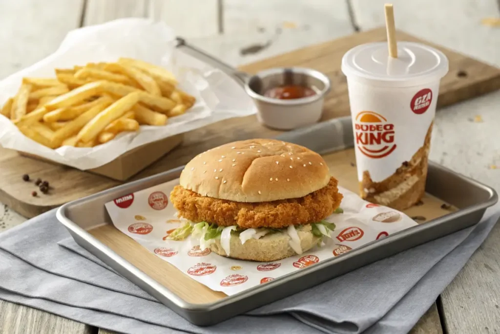 A Burger King chicken sandwich meal served with golden fries and a soft drink on a tray.