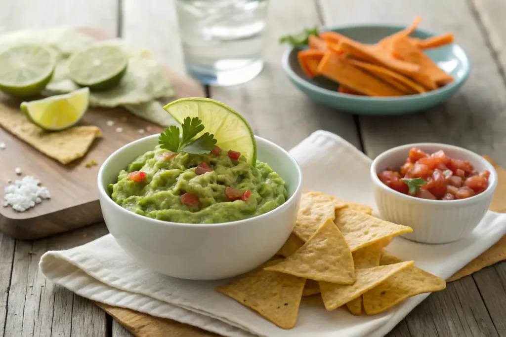 A bowl of guacamole served with tortilla chips, sliced vegetables, and a garnish of cilantro leaves.