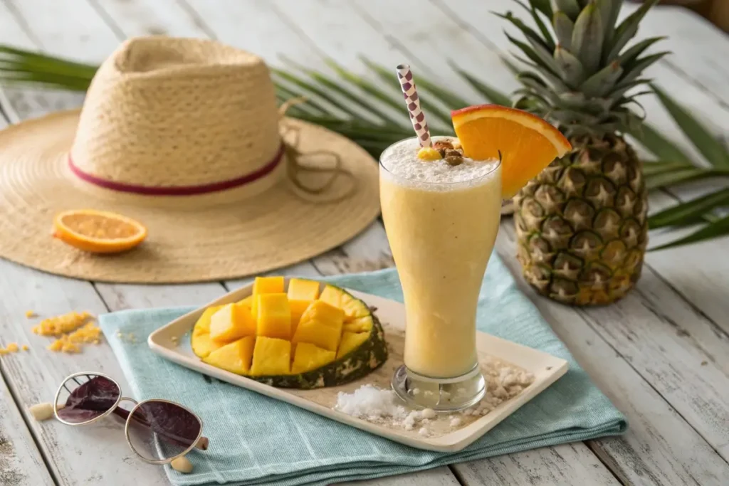 A Bahama Mama smoothie served in a glass with a paper straw, garnished with a pineapple wedge and mint leaves.