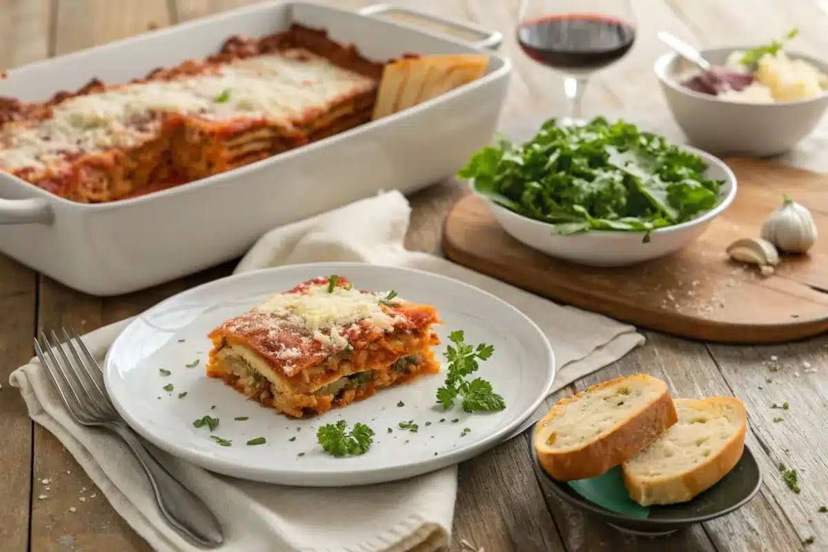 A slice of lasagna served on a white plate with a side of garlic bread and a fresh green salad, garnished with basil.