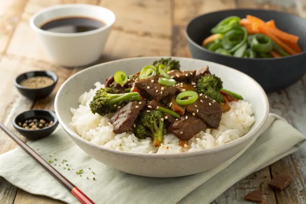 Beef and broccoli stir-fry served in a bowl with a side of steamed white rice and chopsticks.