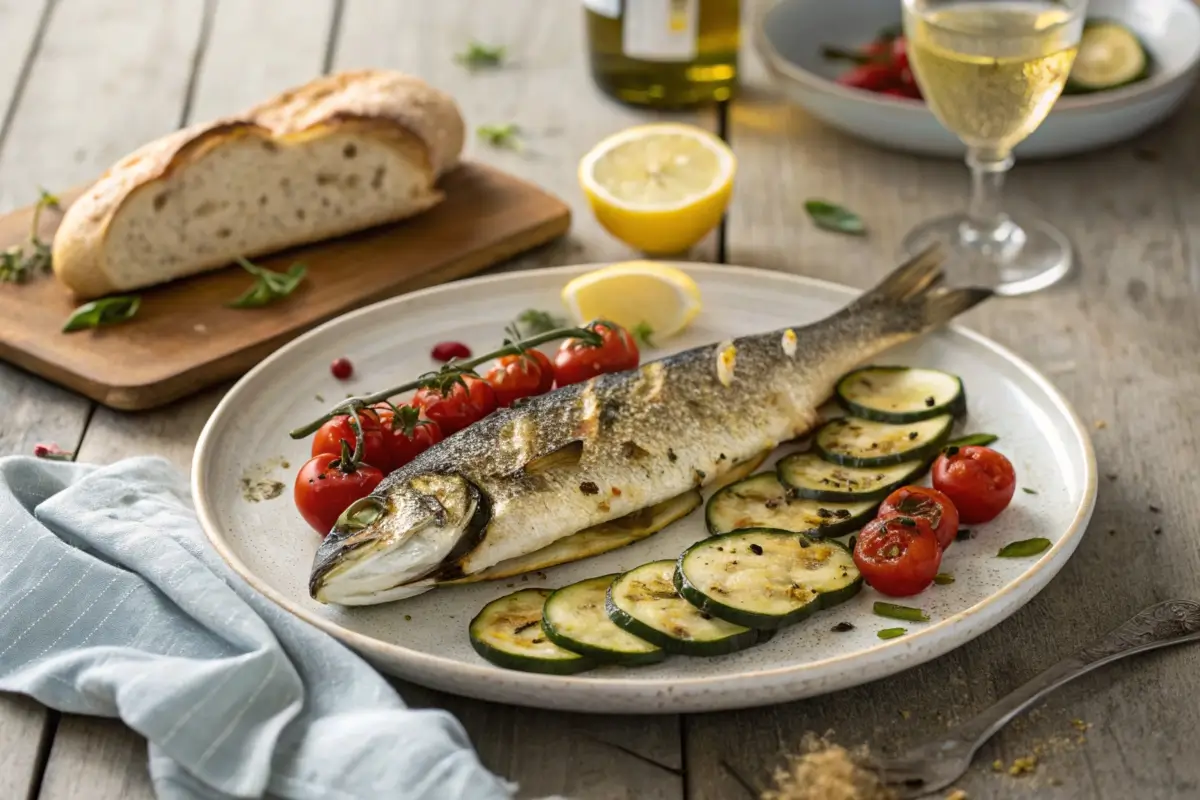 A plate of grilled branzino served with a side of lemon couscous and steamed asparagus, garnished with fresh herbs.