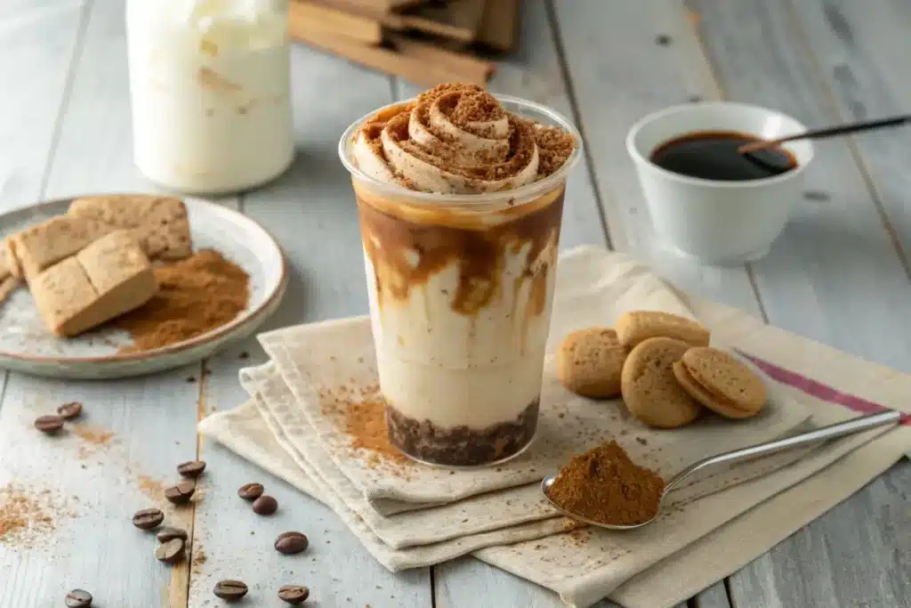 A brown sugar shaken espresso served in a tall glass with a straw, paired with a small plate of biscotti.