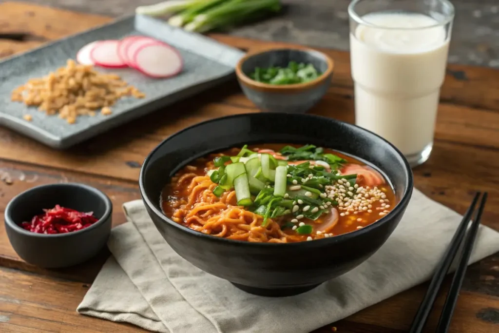 A steaming bowl of buldak ramen garnished with cheese and green onions, served with a side of kimchi and a cold drink.