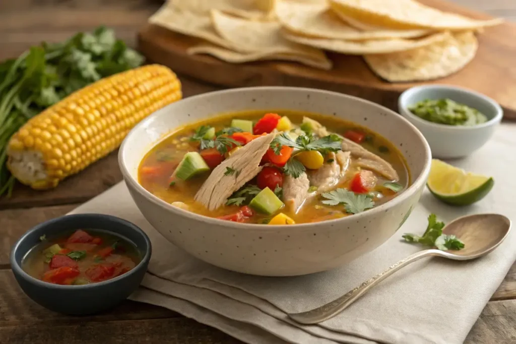 Caldo de pollo served in a bowl with a side of warm tortillas, lime wedges, and sliced avocado.