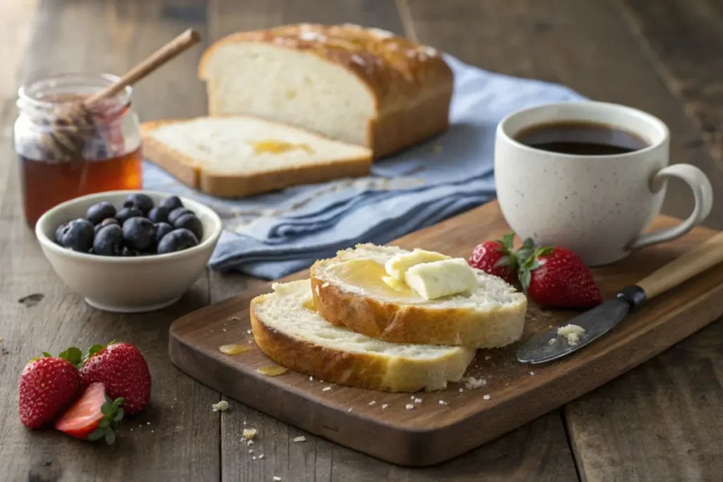 Slices of cottage cheese bread served with butter, jam, and a side of scrambled eggs on a breakfast table.