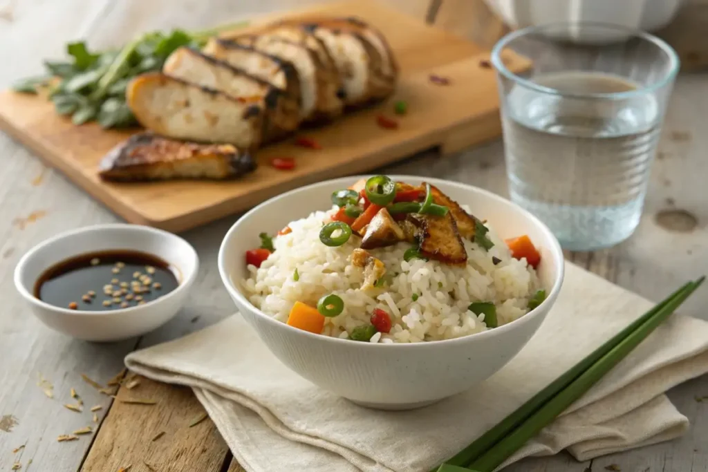 A serving of seasoned rice topped with sautéed vegetables and grilled chicken, garnished with parsley.