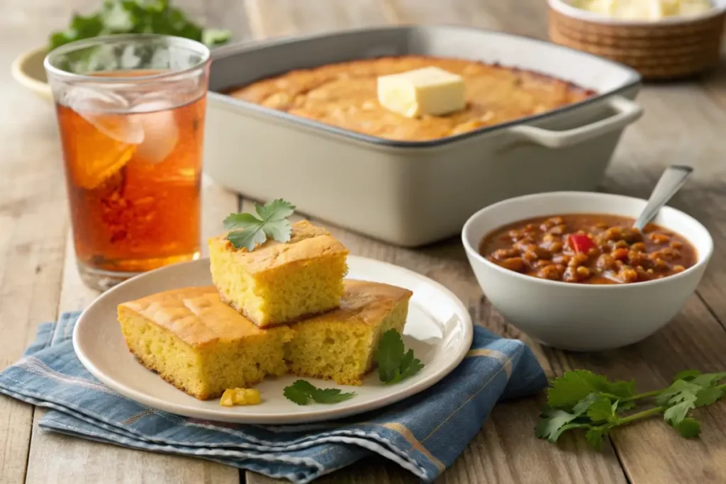 A slice of Jiffy Mexican cornbread served on a plate with a dollop of sour cream and a side of chili.