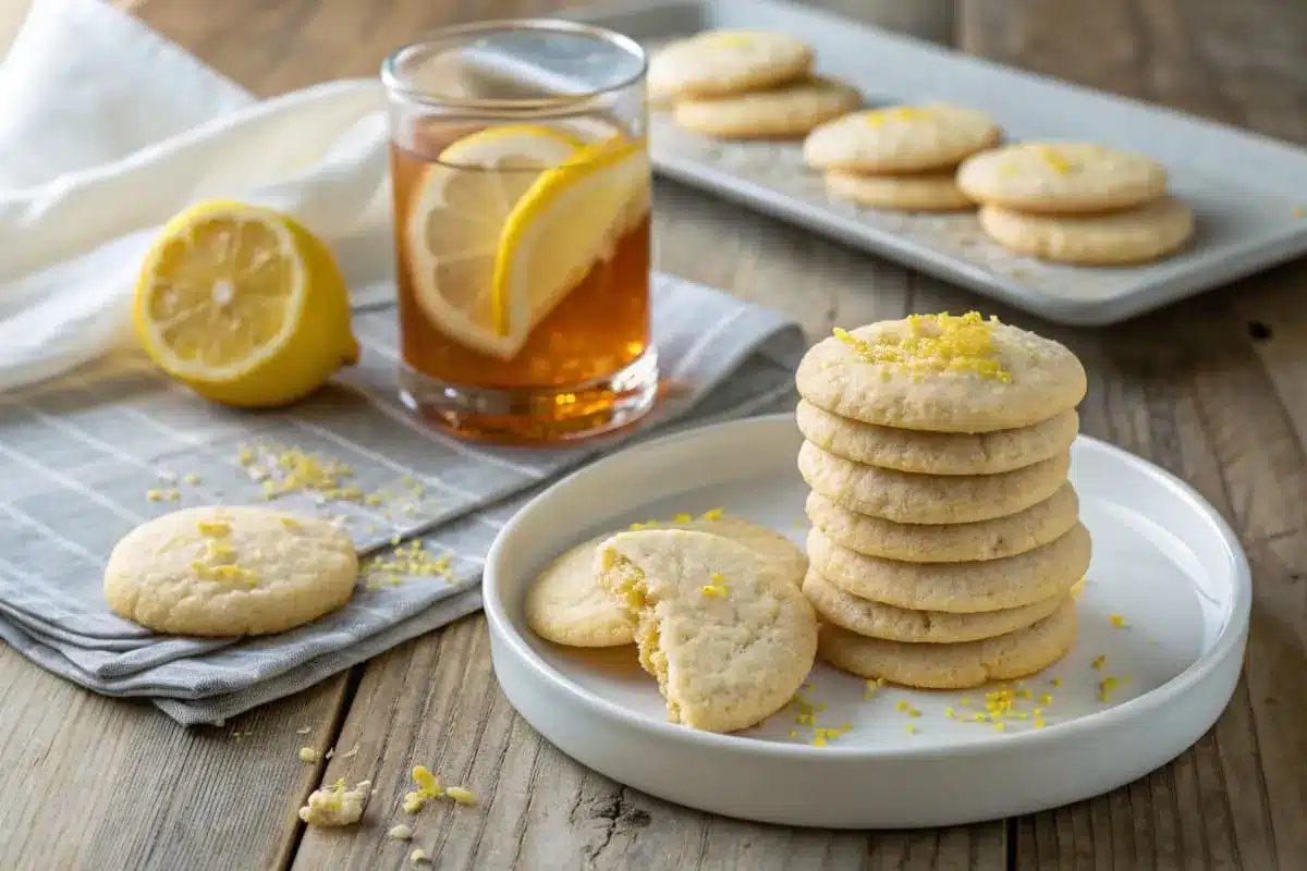 Lemon cookies served on a platter with a side of tea, dusted with powdered sugar, and garnished with lemon wedges.