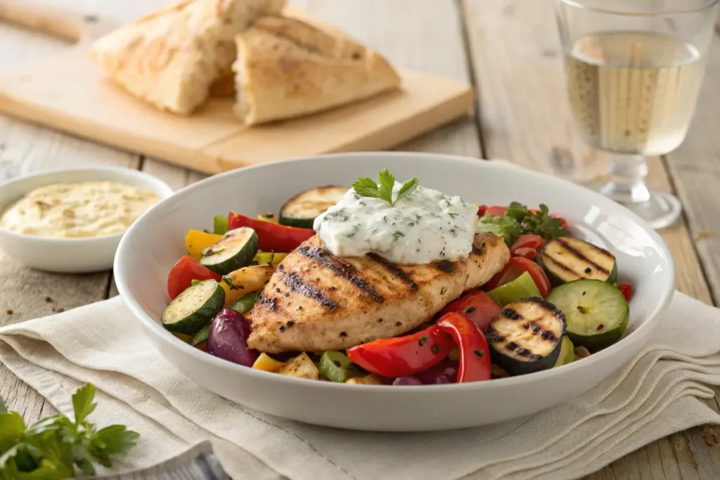 A Mediterranean meal platter with hummus, pita bread, tabbouleh, and grilled chicken skewers.