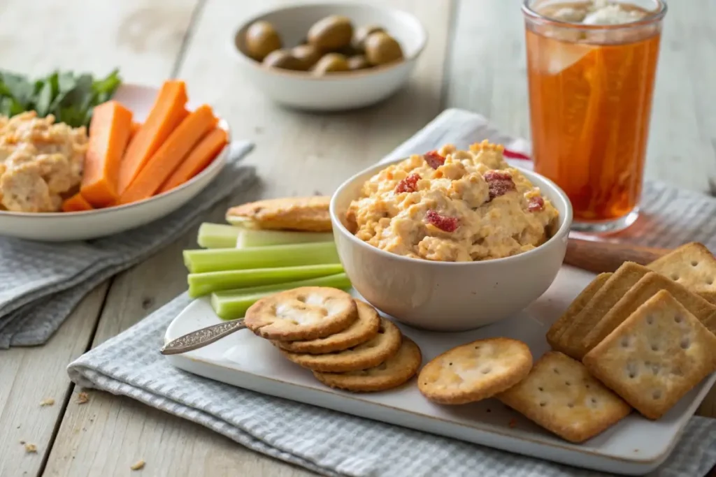 A serving of old-fashioned pimento cheese spread on crackers, paired with fresh celery sticks and sliced bread.