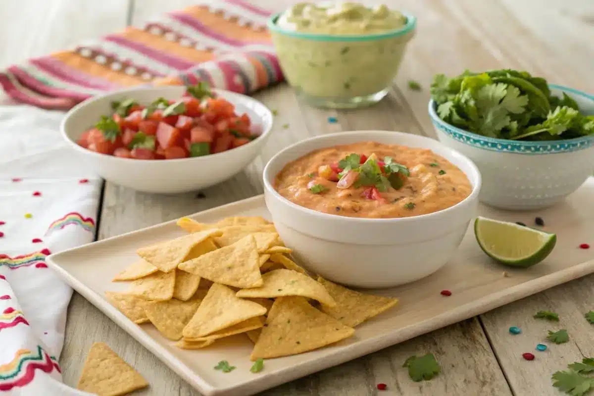 Rotel dip served in a bowl with tortilla chips, fresh jalapeños, and a side of salsa on a rustic wooden platter.