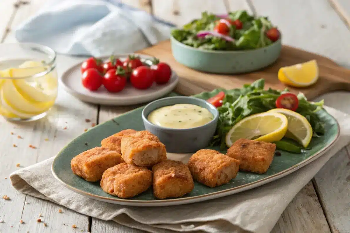 Salmon bites served on a platter with a creamy dill dipping sauce, garnished with lemon slices and fresh herbs.