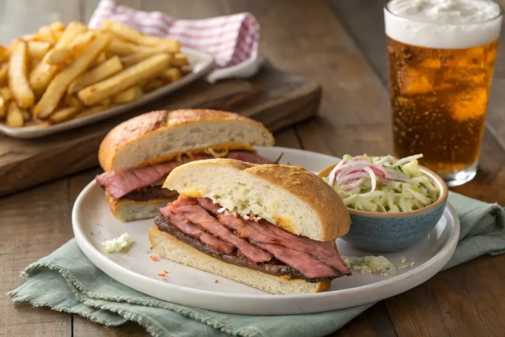 A tri-tip sandwich served with a side of crispy fries and a small bowl of barbecue sauce for dipping.