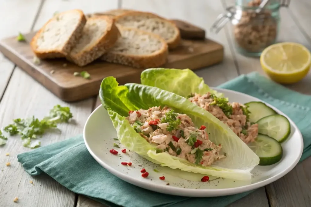 A tuna salad sandwich served on whole-grain bread with lettuce and tomato, accompanied by a side of fresh fruit.