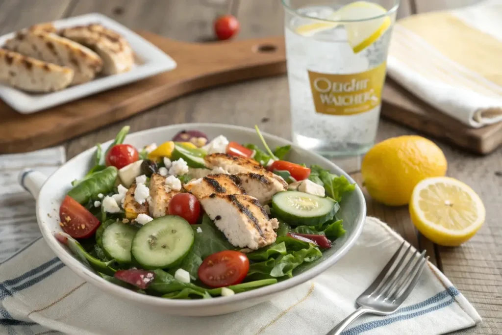 A portion-controlled Weight Watchers plate with baked salmon, steamed asparagus, and a side of brown rice, paired with a lemon wedge.