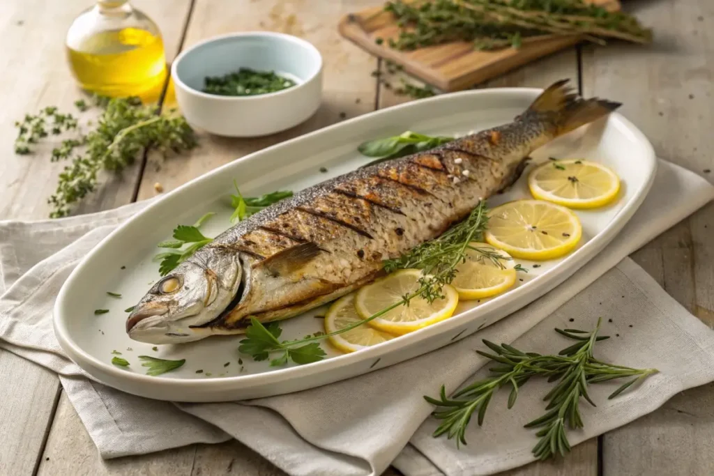 A beautifully plated branzino, grilled whole with crispy skin, garnished with fresh herbs, lemon slices, and a drizzle of olive oil, served with roasted vegetables.