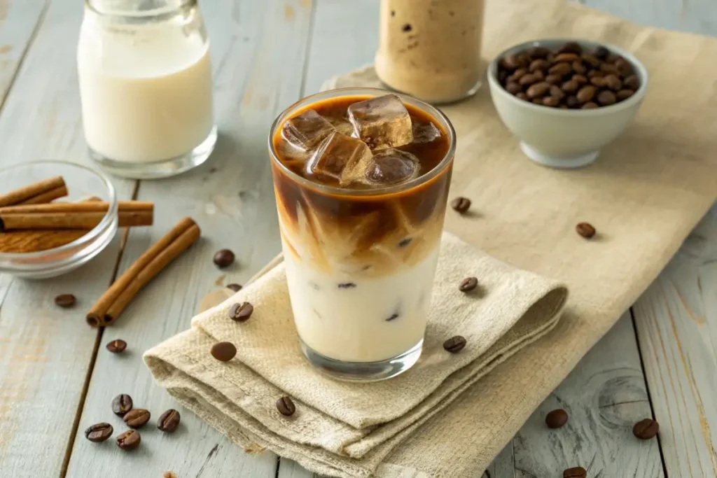 A tall glass of brown sugar shaken espresso with layers of creamy milk and espresso, garnished with a cinnamon stick and ice cubes.