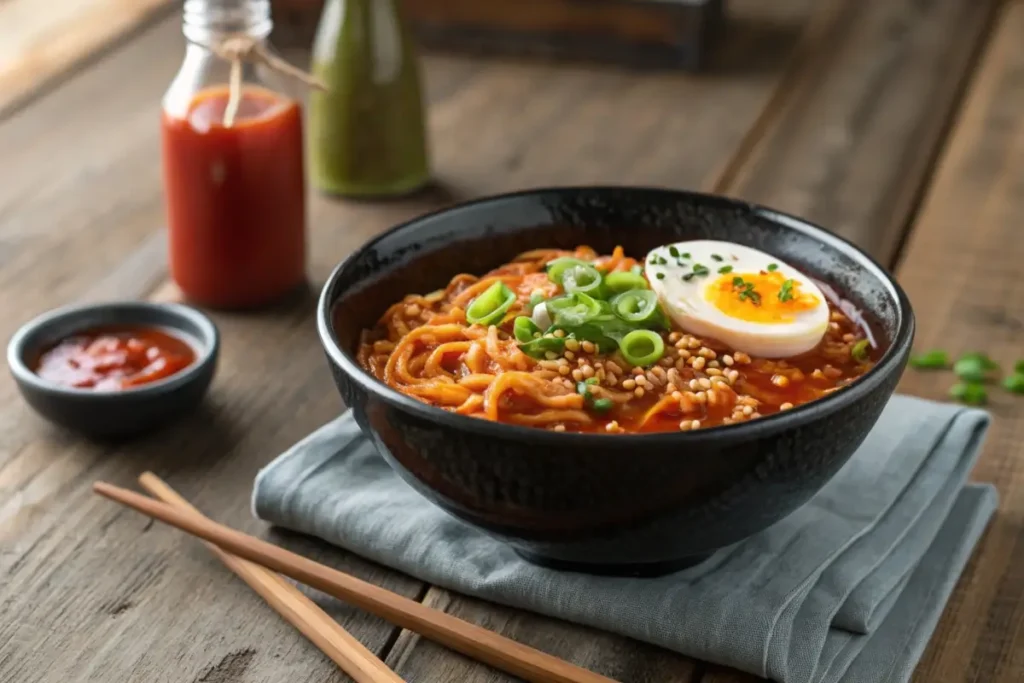 A bowl of spicy buldak ramen topped with a soft-boiled egg, sesame seeds, and sliced green onions, served with chopsticks on a wooden table.