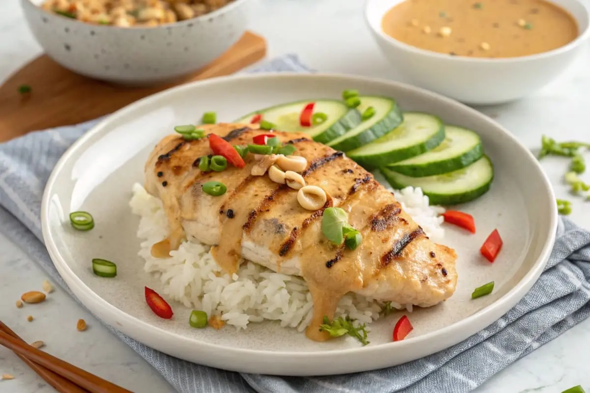 A plate of grilled chicken skewers drizzled with a creamy peanut butter sauce, garnished with crushed peanuts and fresh cilantro.