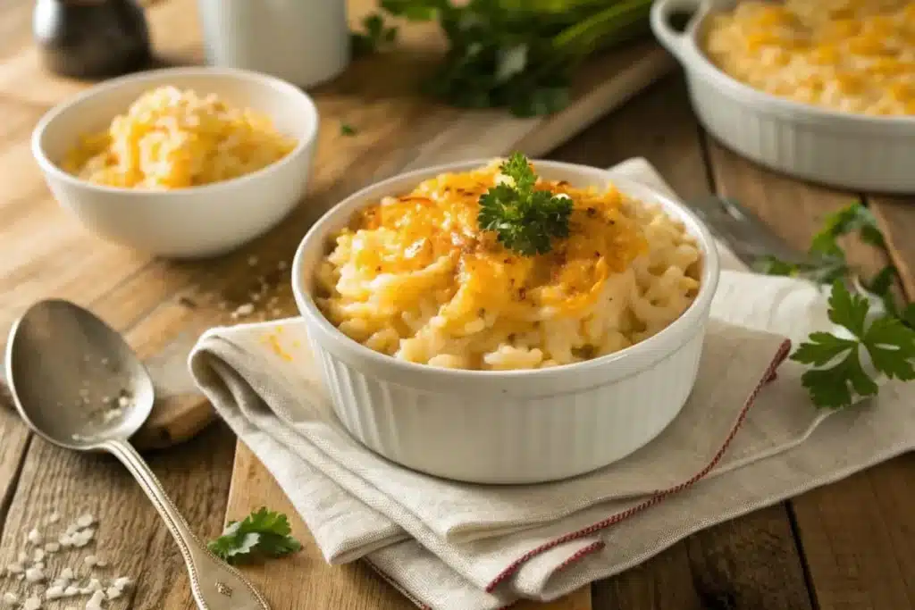 A bowl of creamy, cheesy rice topped with shredded cheese and garnished with fresh parsley, served with a side of vegetables.