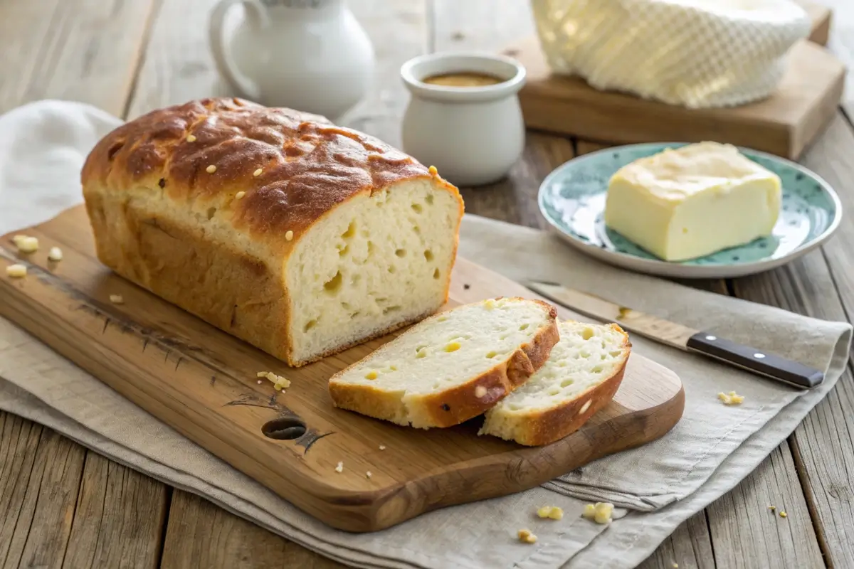 A freshly baked loaf of cottage cheese bread, sliced to reveal its soft, moist texture, served on a wooden cutting board with a pat of butter.