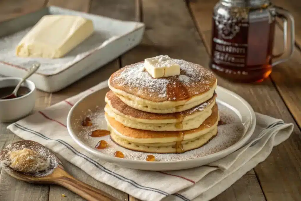 A stack of fluffy pancakes drizzled with maple syrup and topped with a pat of butter, served with a side of fresh fruit, recreating the Cracker Barrel classic.