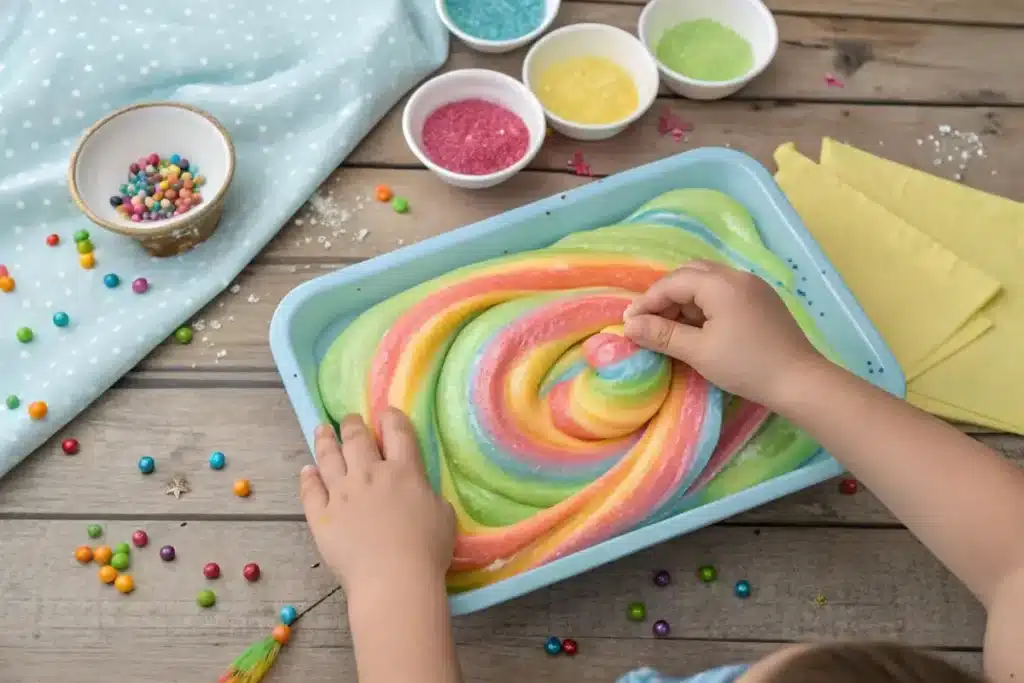 A colorful batch of slime with glitter, being stretched and played with, surrounded by ingredients like glue, baking soda, and contact lens solution.