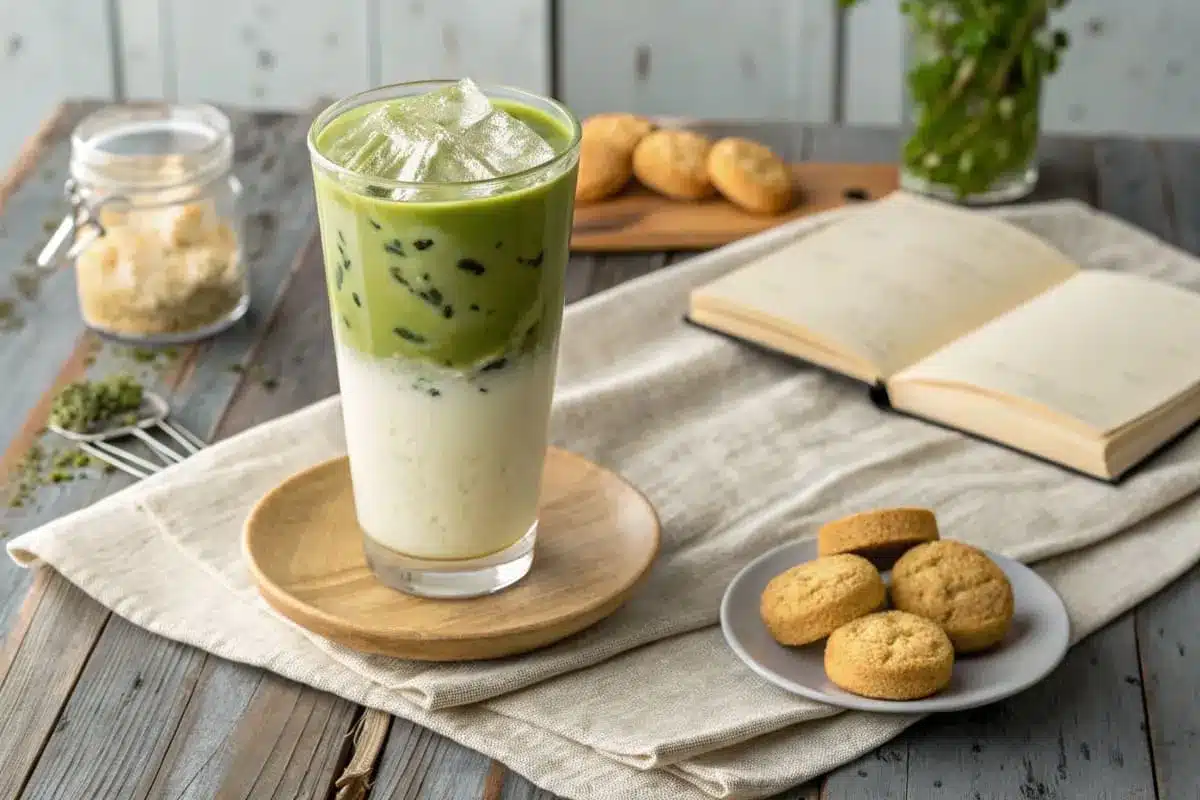 An iced matcha latte served in a tall glass with a side of almond cookies and garnished with a dusting of matcha powder.