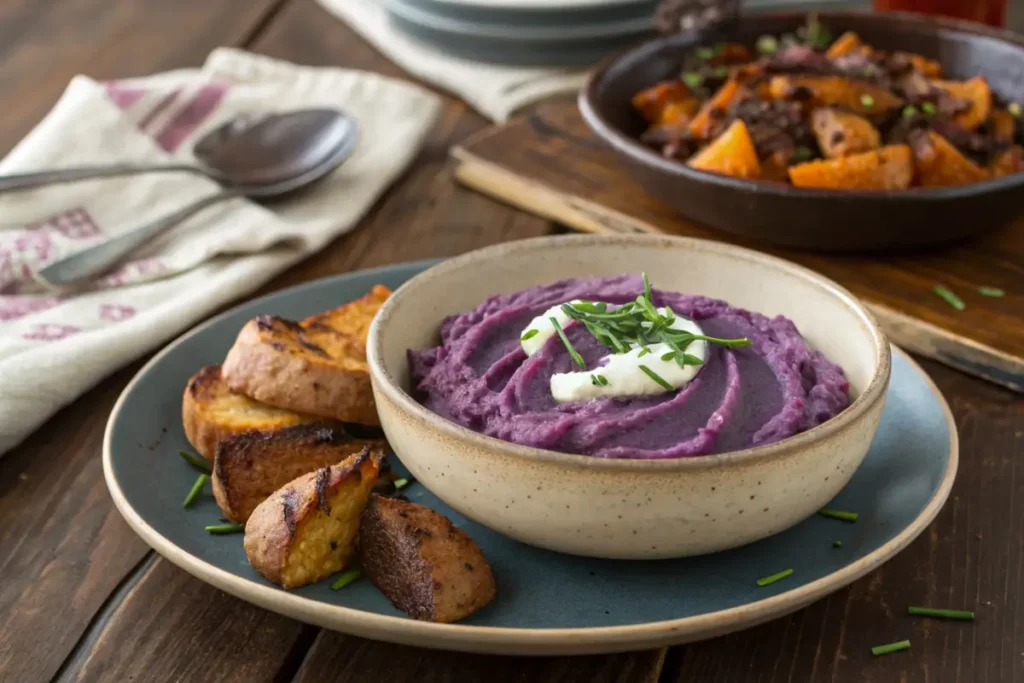 A bowl of mashed purple sweet potatoes topped with melted butter and a sprinkle of fresh chives.