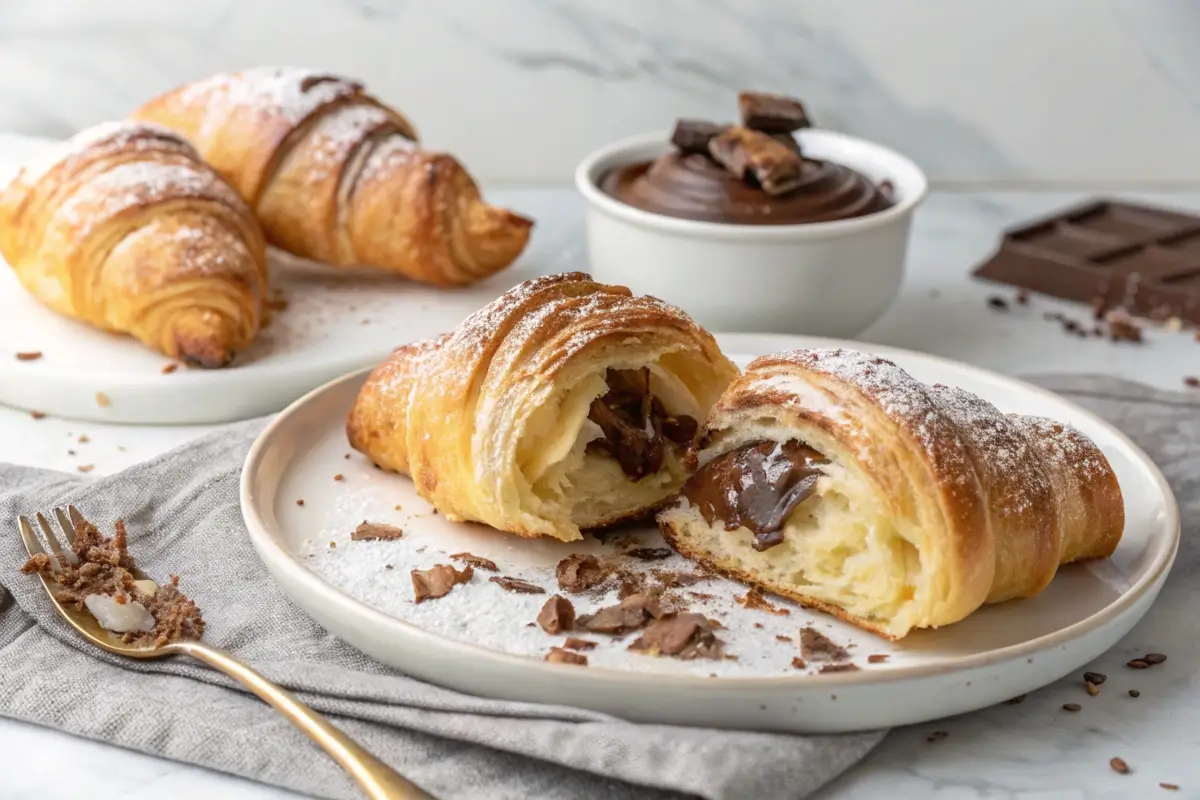 A stack of freshly baked crookies, golden-brown cookies with a flaky croissant texture, on a rustic wooden table.