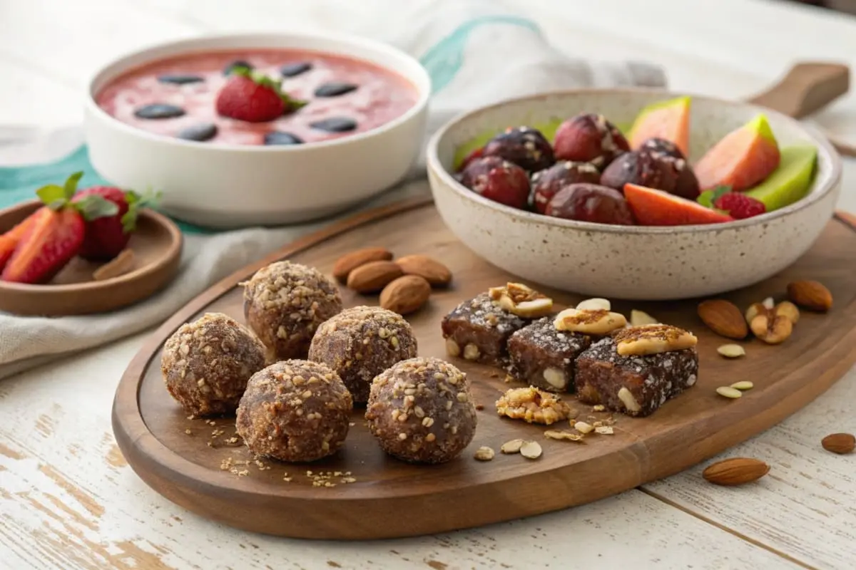 A wooden board displays energy balls, fruit bars, and nuts, with bowls of fruit salad and smoothie in the background.