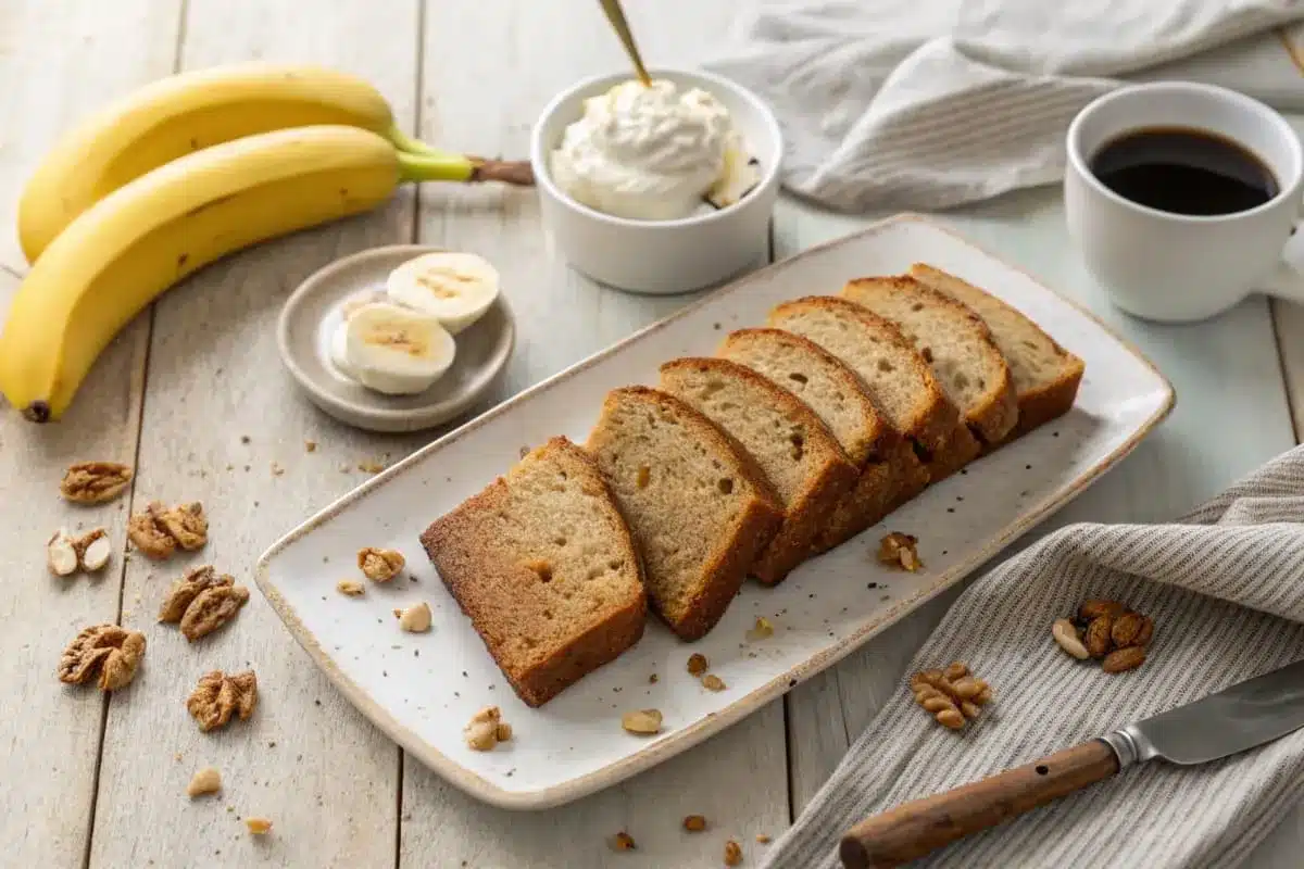 Slices of banana bread served on a plate with a dollop of whipped cream and a drizzle of honey.