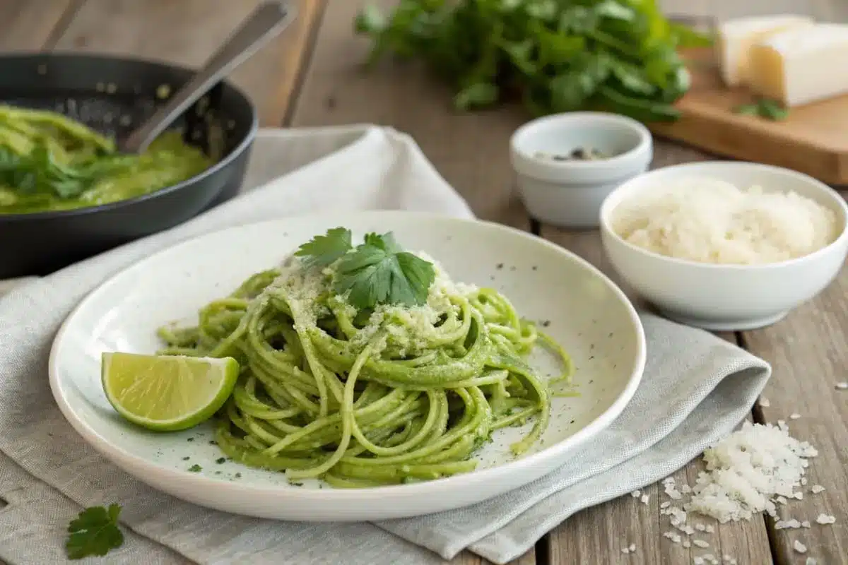 Green spaghetti served in a bowl with grilled chicken slices on top, garnished with cilantro and a sprinkle of Parmesan.