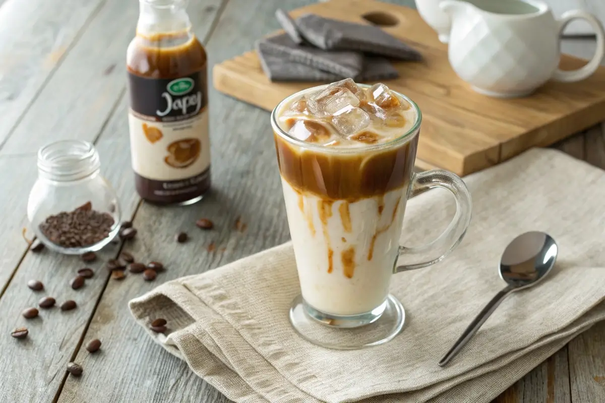 A variety of Javy coffee recipes, including an iced latte, caramel macchiato, and a mocha frappé, displayed on a wooden table with a Javy coffee bottle.