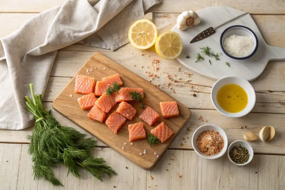 Ingredients for salmon bites, including fresh salmon fillets, breadcrumbs, seasoning, lemon, and a dipping sauce, displayed on a cutting board.