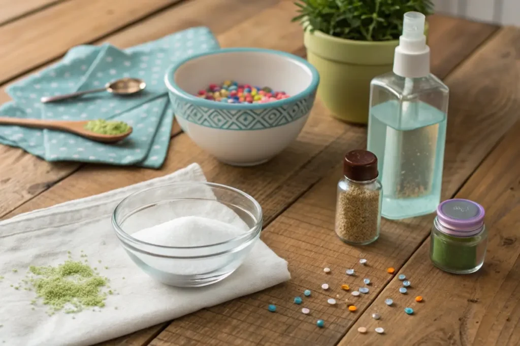 Slime ingredients, including clear glue, baking soda, food coloring, glitter, and contact lens solution, displayed on a countertop with a mixing bowl.