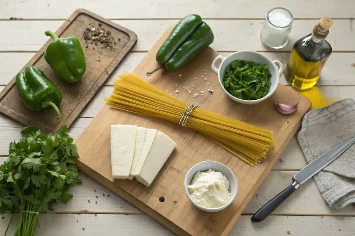 Ingredients for green spaghetti, including spaghetti pasta, poblano peppers, cream, garlic, and fresh cilantro displayed on a countertop.