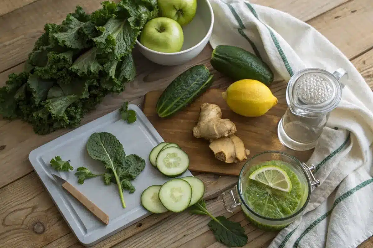 Ingredients for liver cleanse juice, including kale, cucumber, green apple, ginger, lemon, and parsley, arranged neatly on a cutting board.