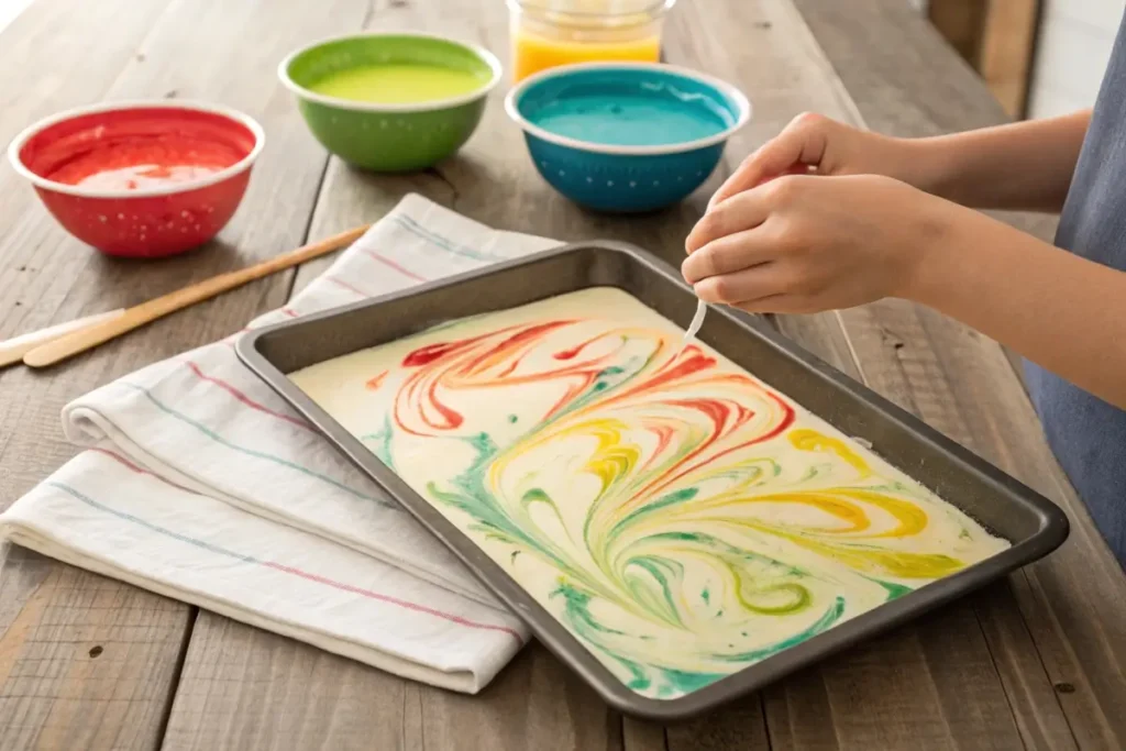 A colorful batch of oobleck poured onto a tray, with kids’ hands pressing into it, showing its solid and liquid properties.