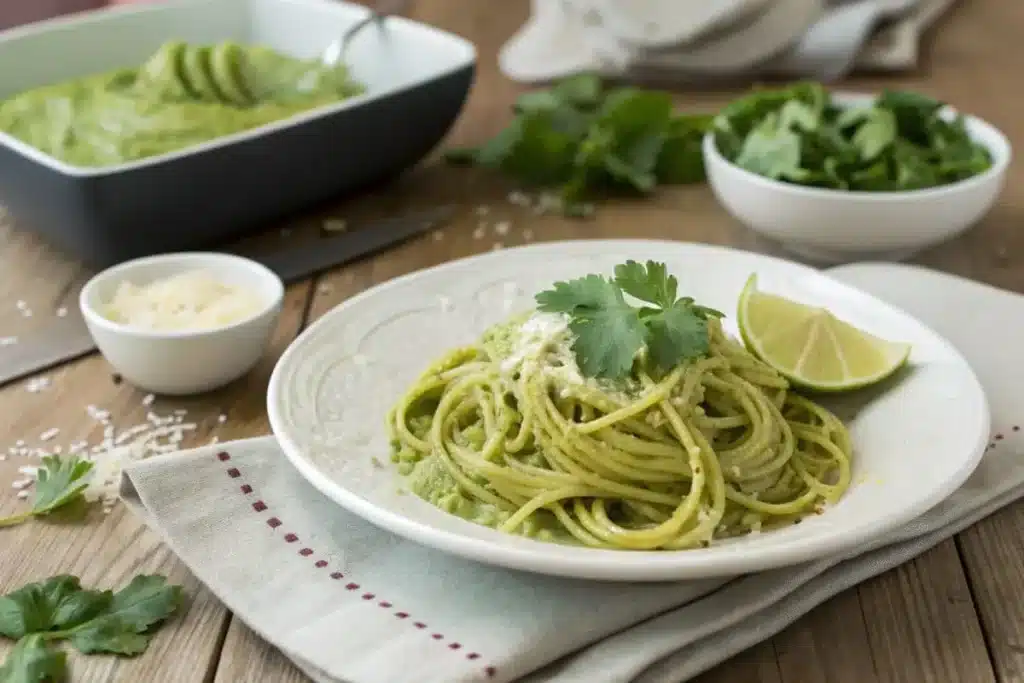 A plate of vibrant green spaghetti coated in creamy poblano sauce, garnished with fresh cilantro and Parmesan cheese, served with lime wedges.