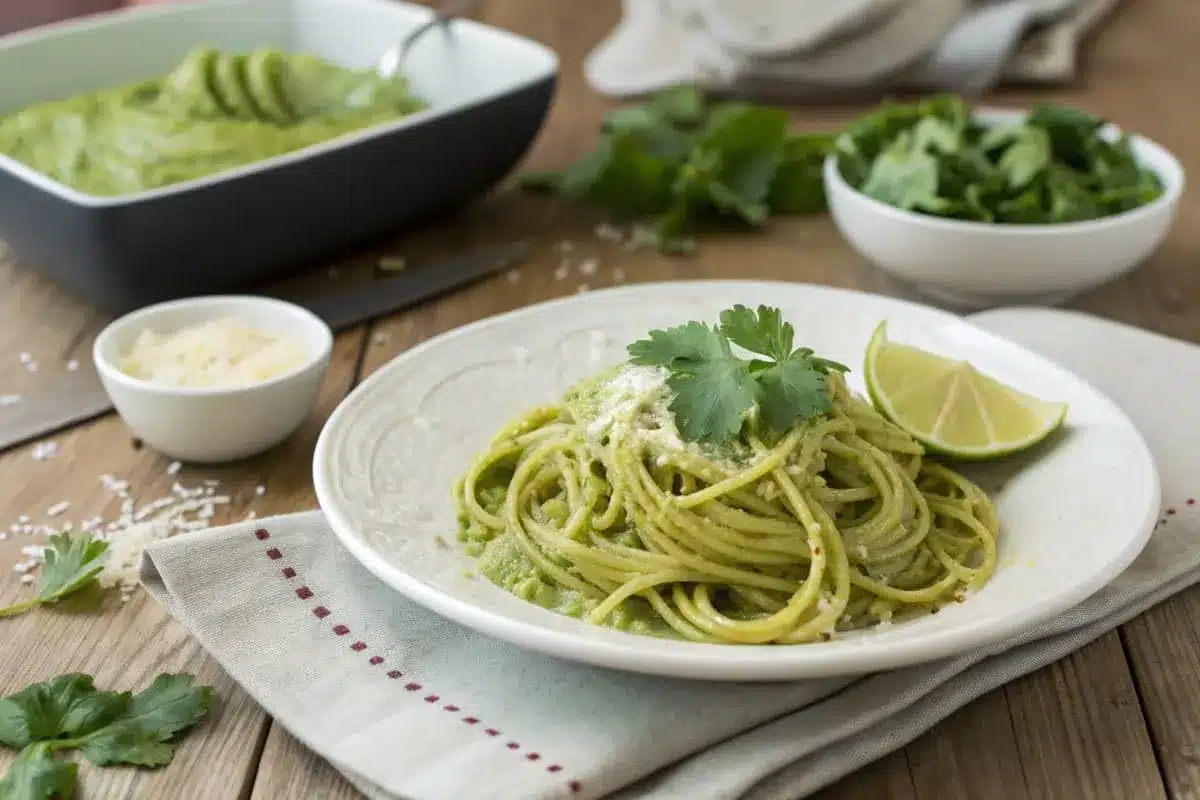 A plate of vibrant green spaghetti coated in creamy poblano sauce, garnished with fresh cilantro and Parmesan cheese, served with lime wedges.