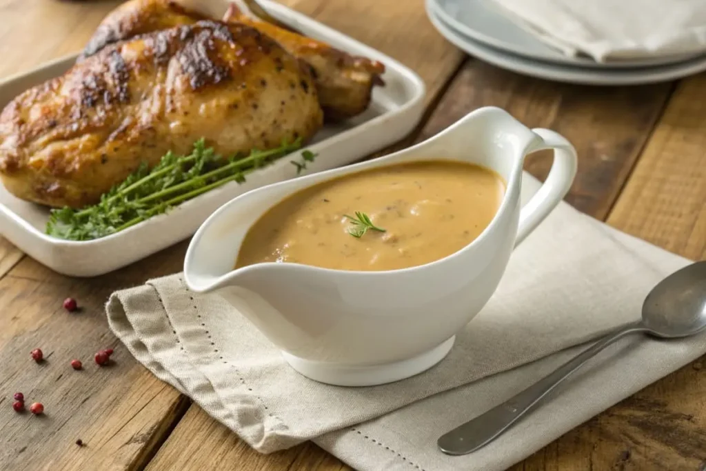 A bowl of golden, creamy chicken gravy served with a ladle, garnished with fresh parsley, and paired with mashed potatoes and roasted chicken.