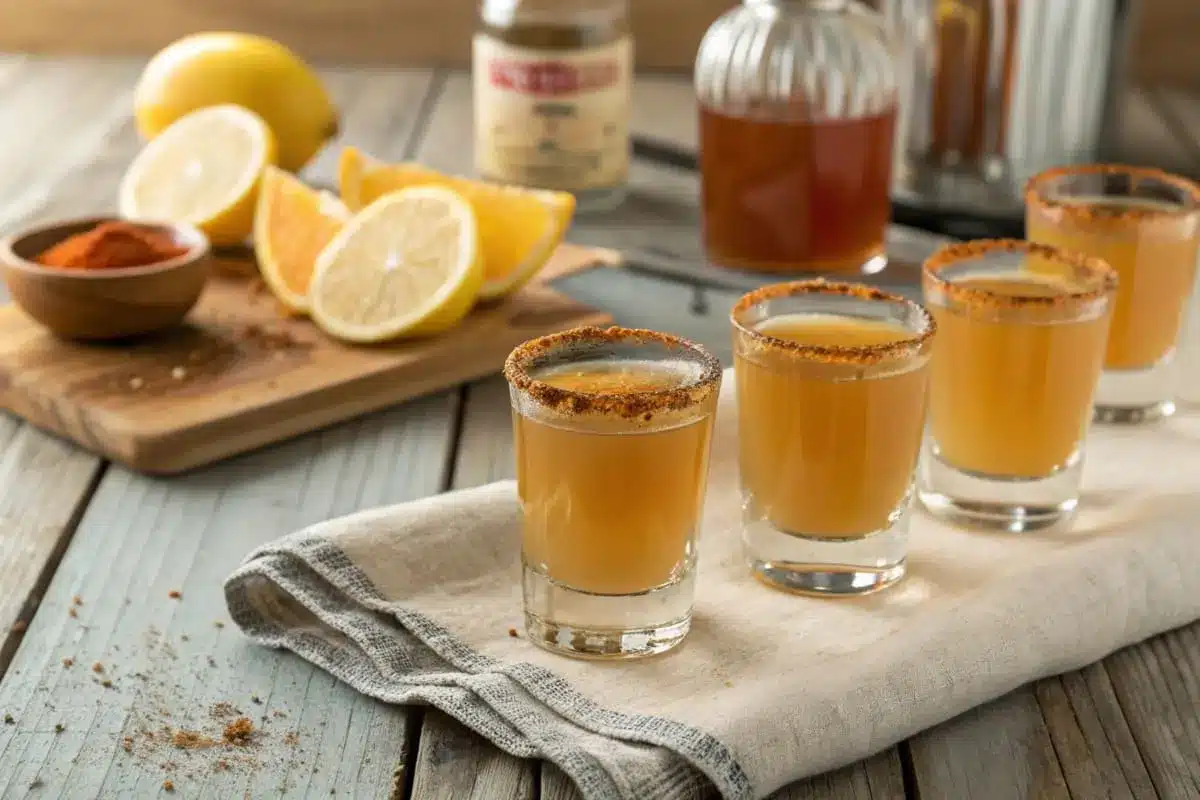 A tray of apple cider vinegar shots served in small glasses with lemon wedges and cinnamon sticks on the side.