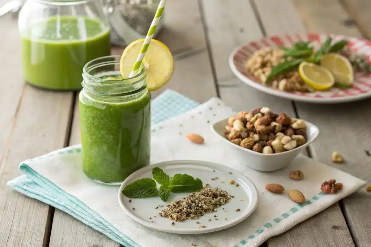 Liver cleanse juice served in a tall glass with ice cubes, a straw, and a sprig of parsley for garnish.