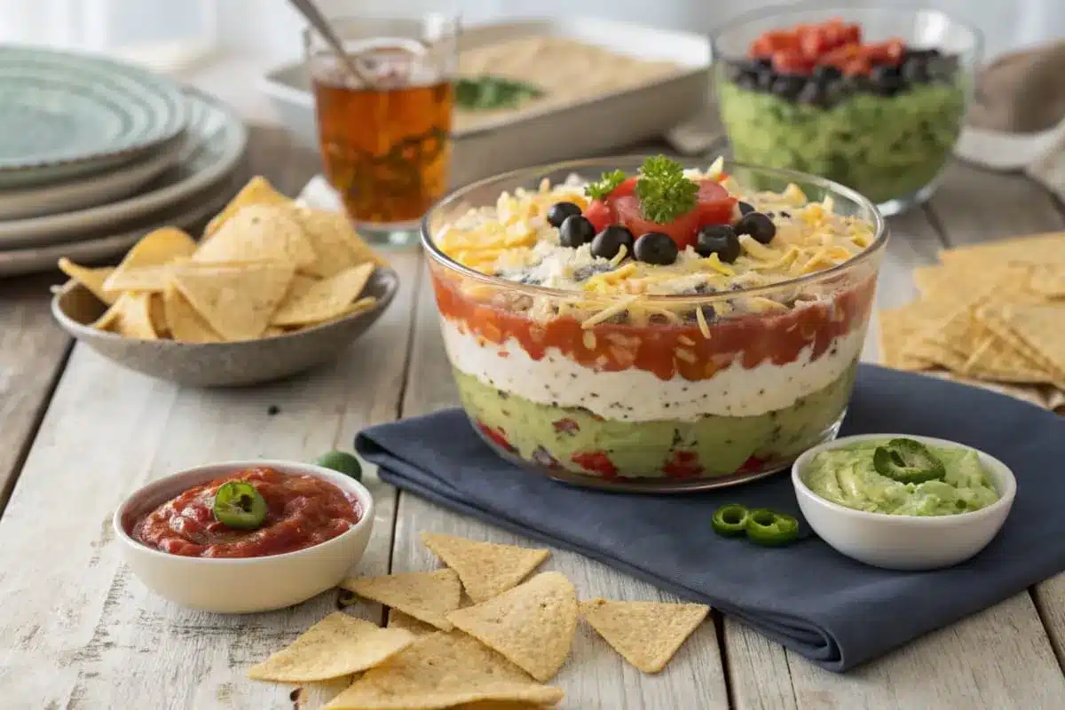 Taco dip served in a glass dish with tortilla chips, surrounded by sliced jalapeños and a bowl of guacamole.