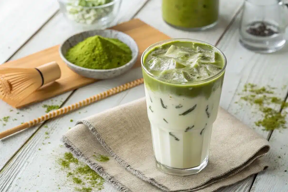 A tall glass of iced matcha latte with vibrant green layers, swirls of milk, and ice cubes, garnished with a bamboo straw and a sprinkle of matcha powder.